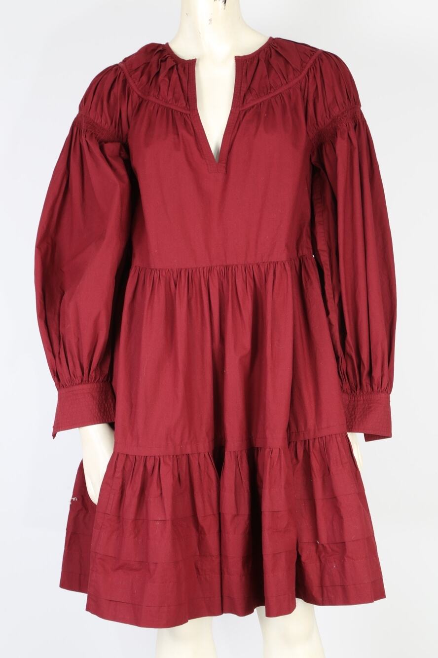 ULLA JOHNSON Burgundy Red Cotton Poplin Tiered Balloon Sleeve Mini Dress Size 00